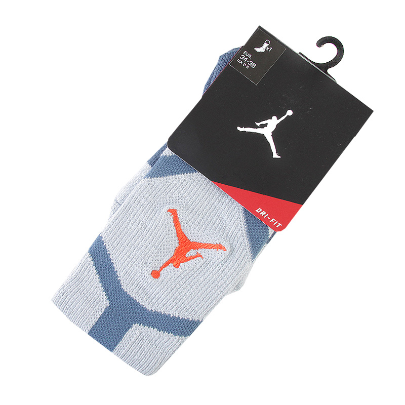 Носки Jumpman DriFit Crew Носки Jumpman DriFit CrewНоски<br>75 % полиэстер, 22 % эластан, 3 % нейлон<br><br>Цвет: Серый, синий<br>Размеры US: S;M;L<br>Пол: Мужской