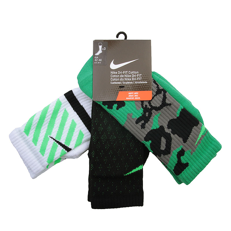 Носки Nike Dri-FIT Triple Fly Crew Носки Nike Dri-FIT Triple Fly CrewНоски<br>Полиэстер, хлопок, эластан, нейлон<br><br>Цвет: Белый, чёрный, зелёный, салатовый<br>Размеры US: L