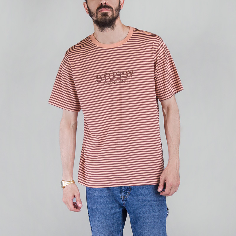 мужская персиковая футболка Stussy STRIPE CREW TEE 1140010-PEACH - цена, описание, фото 1