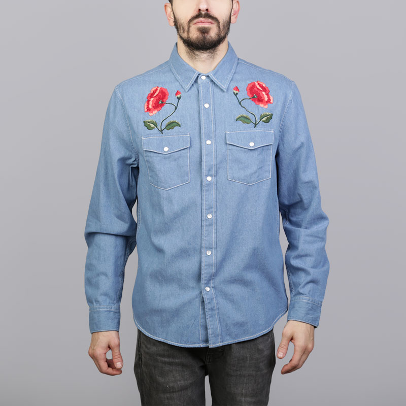 мужская синяя рубашка Stussy Poppy Denim Shirt 111952-light blue - цена, описание, фото 2