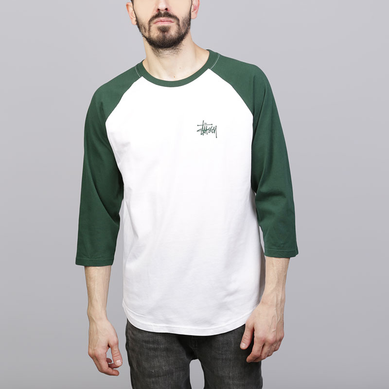   футболка 3/4 Stussy Basic Stussy Raglan 1140052-wht/d forest - цена, описание, фото 1