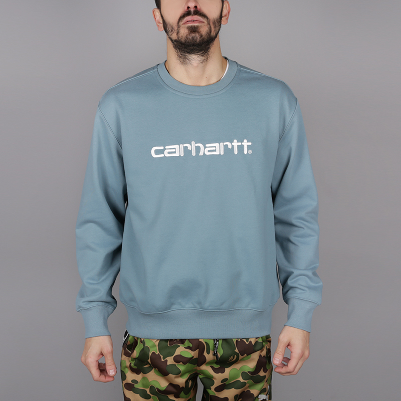 мужская голубая толстовка Carhartt WIP Logo Sweat i024679-dusty-blue - цена, описание, фото 1