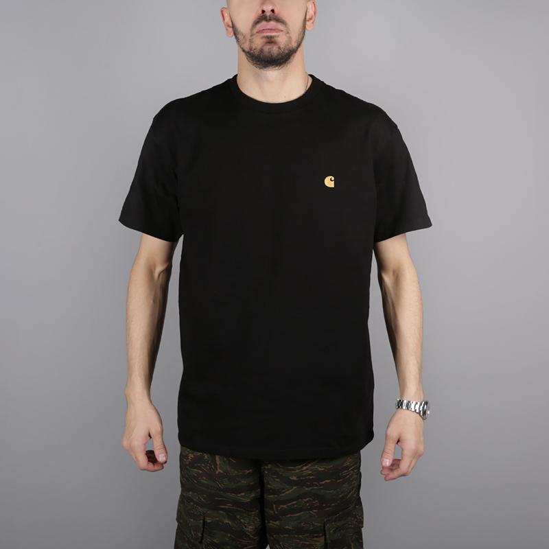 мужская черная футболка Carhartt WIP S/S Chase T-Shirt i026391-black/gold - цена, описание, фото 1