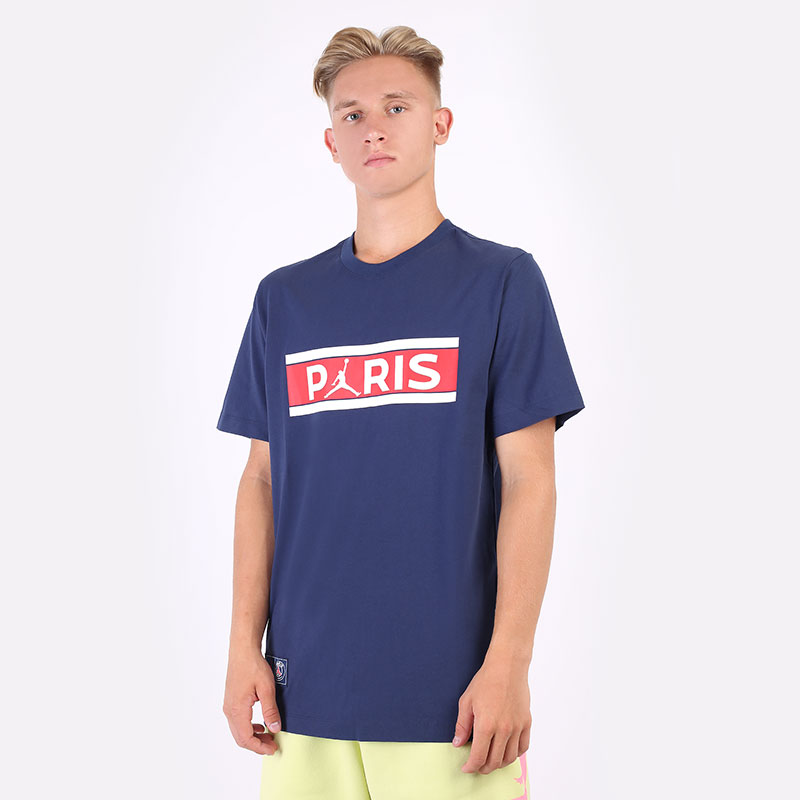 мужская синяя футболка Jordan Paris Saint-Germain Wordmark Tee DB6510-410 - цена, описание, фото 1