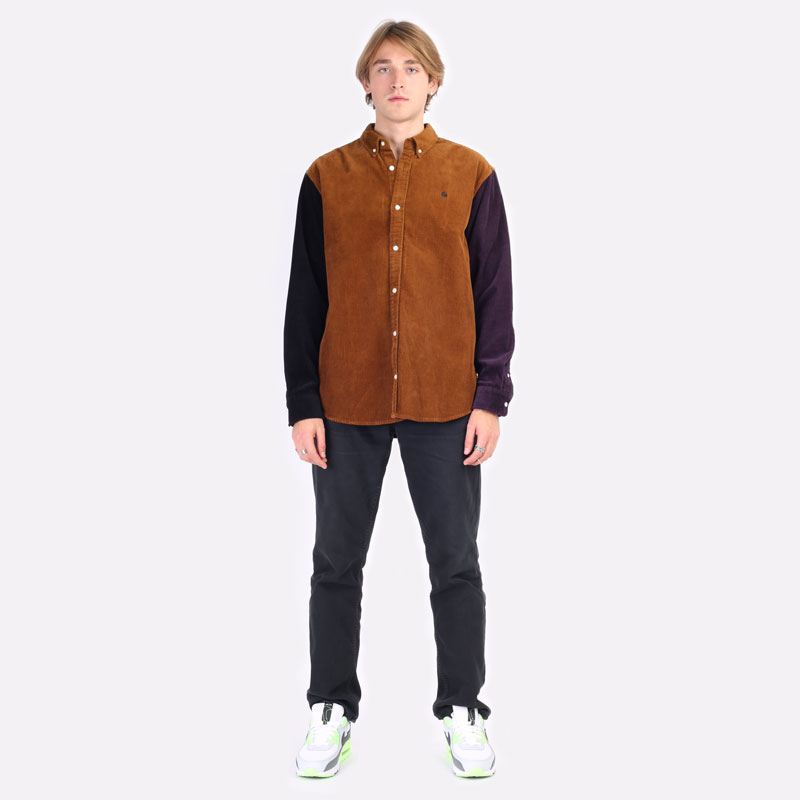 мужская коричневая рубашка Carhartt WIP L/S Triple Madison Cord Shirt I029480-tawny blk/dark ir - цена, описание, фото 8