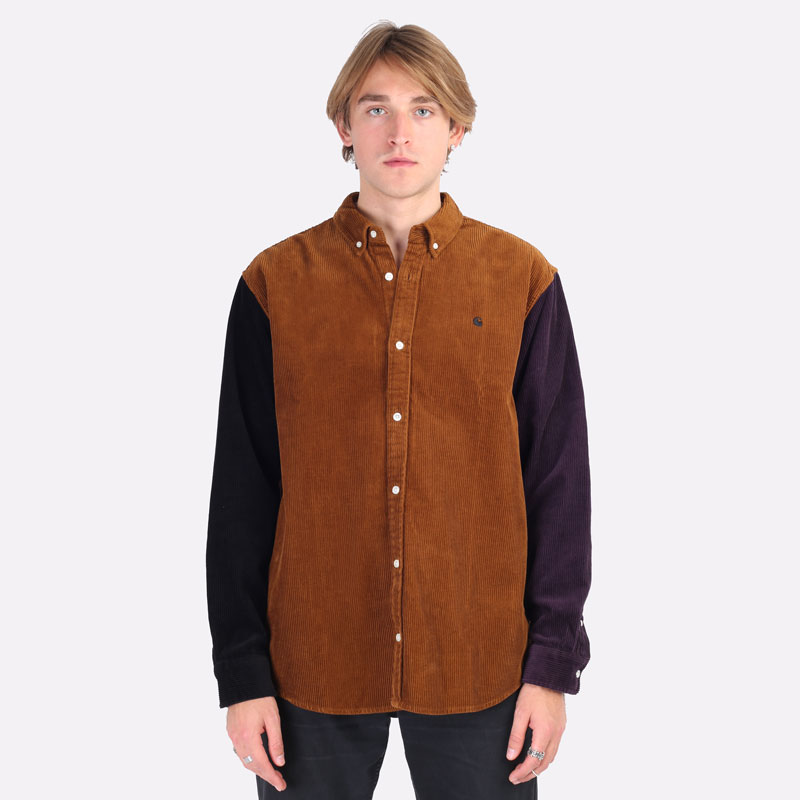 мужская коричневая рубашка Carhartt WIP L/S Triple Madison Cord Shirt I029480-tawny blk/dark ir - цена, описание, фото 7