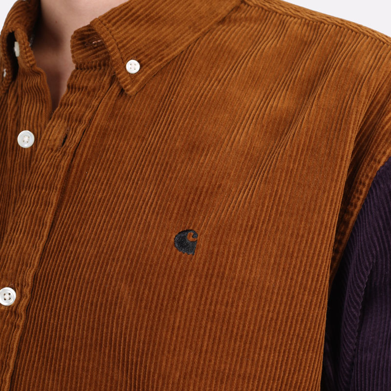 мужская коричневая рубашка Carhartt WIP L/S Triple Madison Cord Shirt I029480-tawny blk/dark ir - цена, описание, фото 6