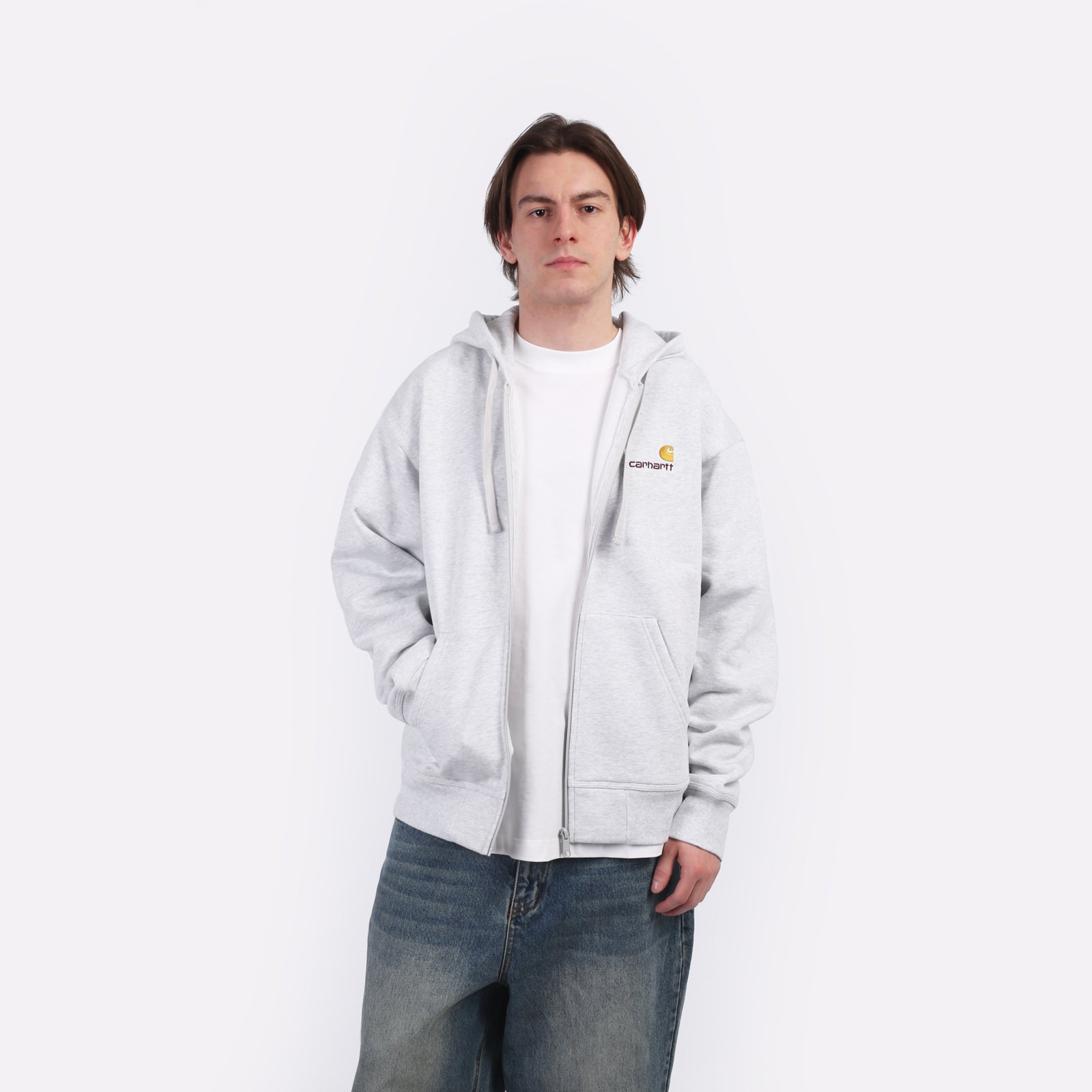 Мужская толстовка Carhartt WIP Hooded American Script Jacket (I033063-Ash Heather)  - цена, описание, фото 1