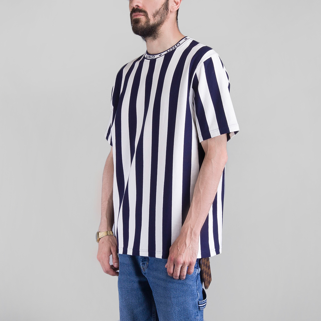 мужская синяя футболка Undftd ROLLER STRIPE CREW 514355-NAVY - цена, описание, фото 1